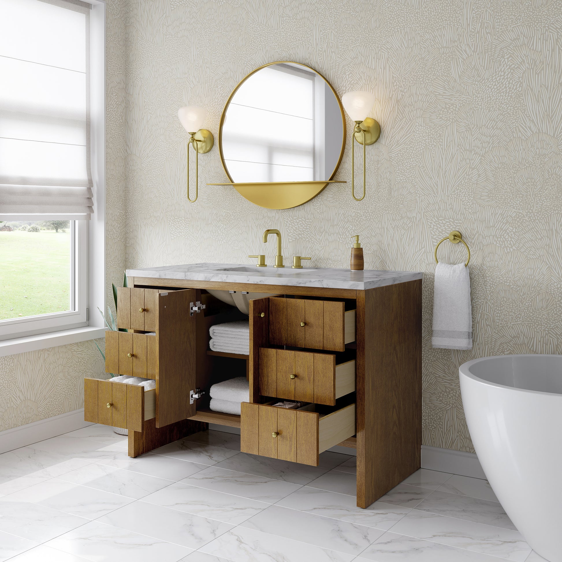 Renovate for Less Atlanta Hudson 48" Single Vanity, Honey Oak w/ 3 CM Carrara Marble Top