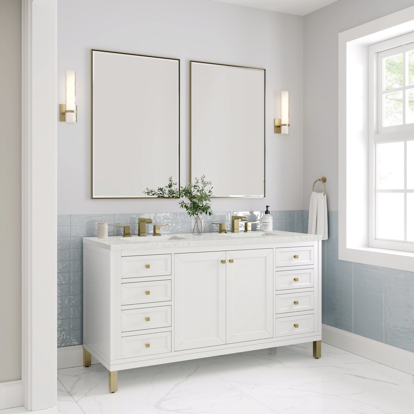 Renovate for Less Atlanta Chicago 60" Double Vanity, Glossy White, w/ 3 CM Lime Delight Silestone® Top