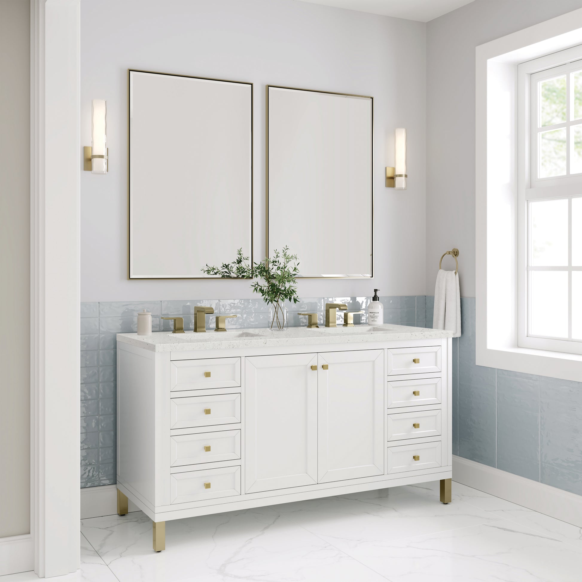 Renovate for Less Atlanta Chicago 60" Double Vanity, Glossy White, w/ 3 CM Lime Delight Silestone® Top