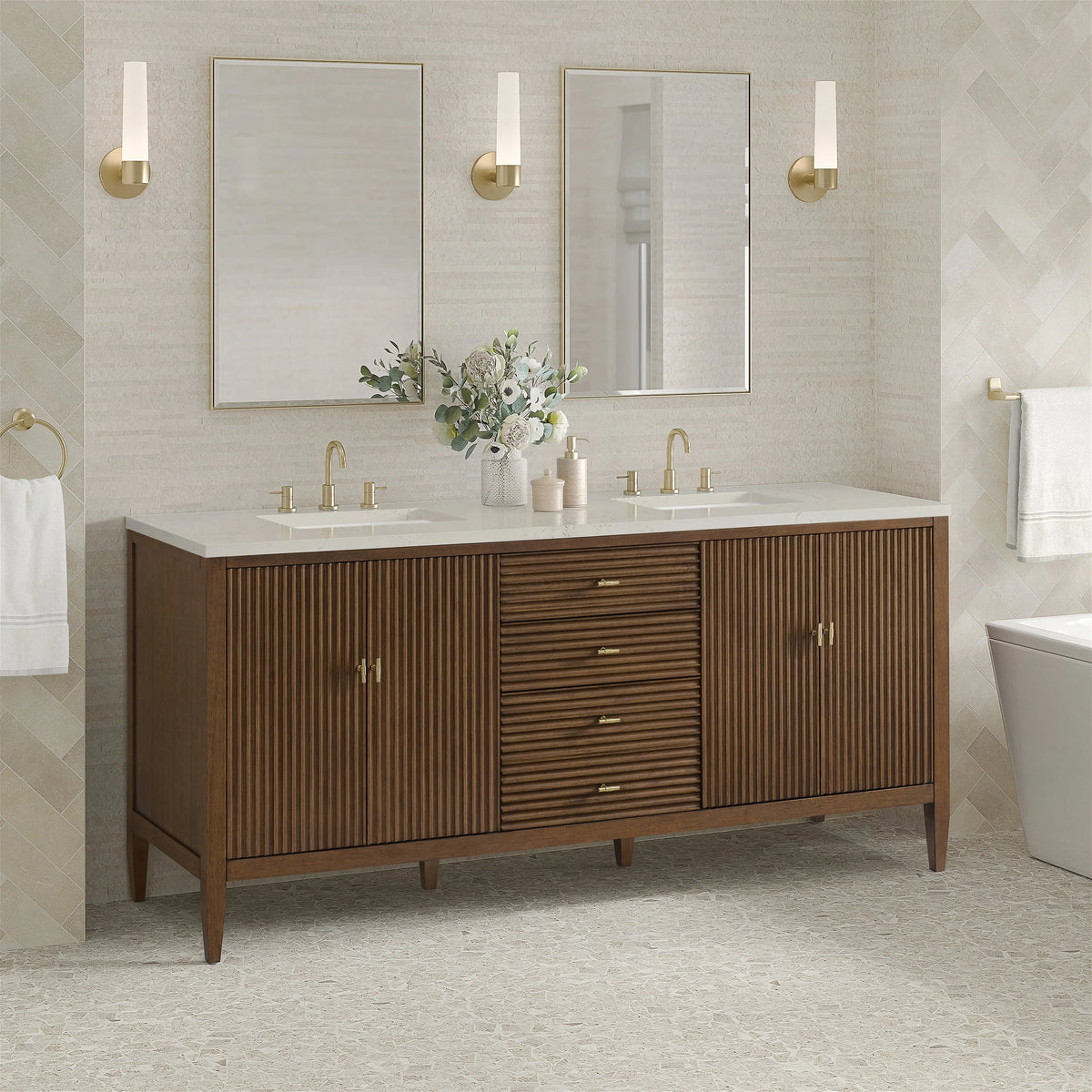 Myrrin 72" Vanity, Mid Century Walnut, w/ 3 CM Siberian Silestone Top w/FreePower Wireless Charger