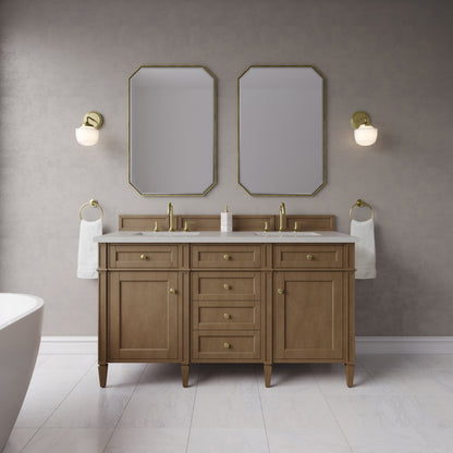 Renovate for Less Atlanta Brittany 60" Double Vanity, Pecan w/ 3 CM Lime Delight Silestone Top
