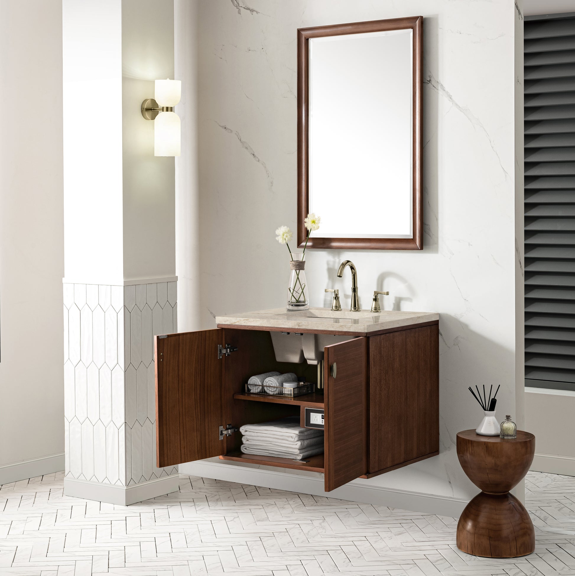 Renovate for Less Atlanta Amberly 30" Single Vanity, Mid-Century Walnut, w/ 3 CM Tajnar Eclos Top