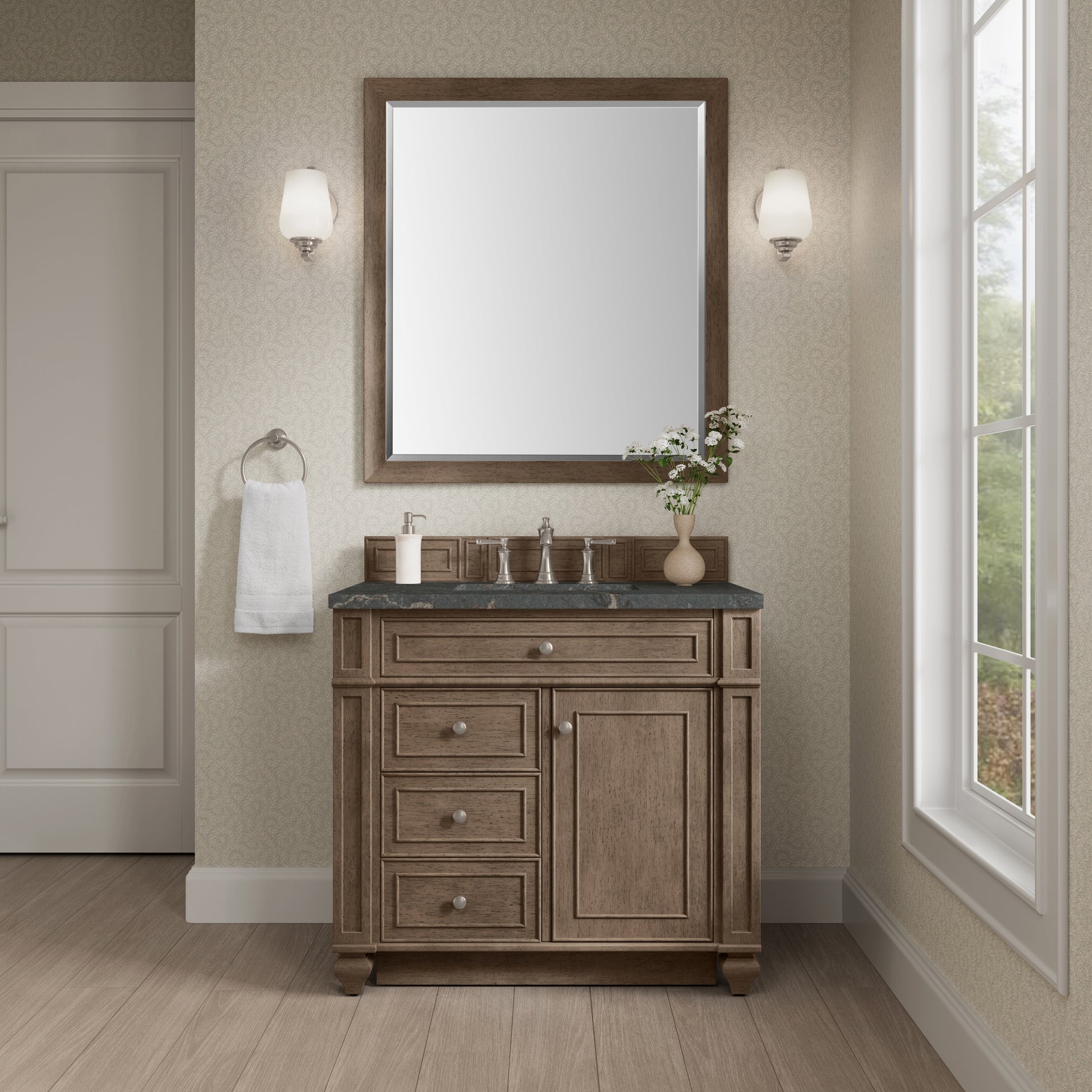 Renovate for Less Atlanta Bristol 36" Single Vanity, Whitewashed Walnut w/ 3 CM Parisien Bleu Silestone Top