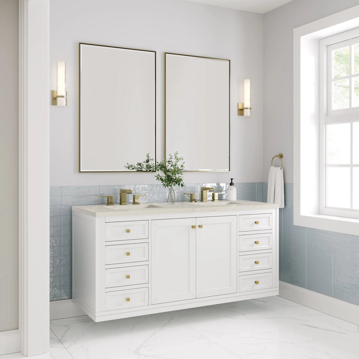 Chicago 60" Double Vanity, Glossy White, w/ 3 CM Siberian Silestone Top w/FreePower Wireless Charger