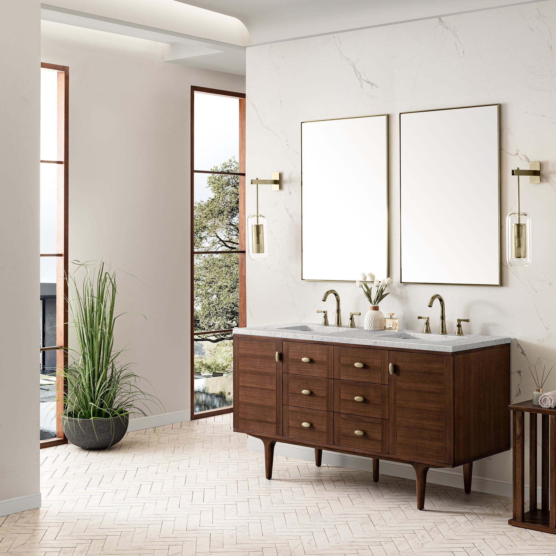 Renovate for Less Atlanta Amberly 60" Double Vanity, Mid-Century Walnut w/ 3 CM Eternal Jasmine Pearl Top