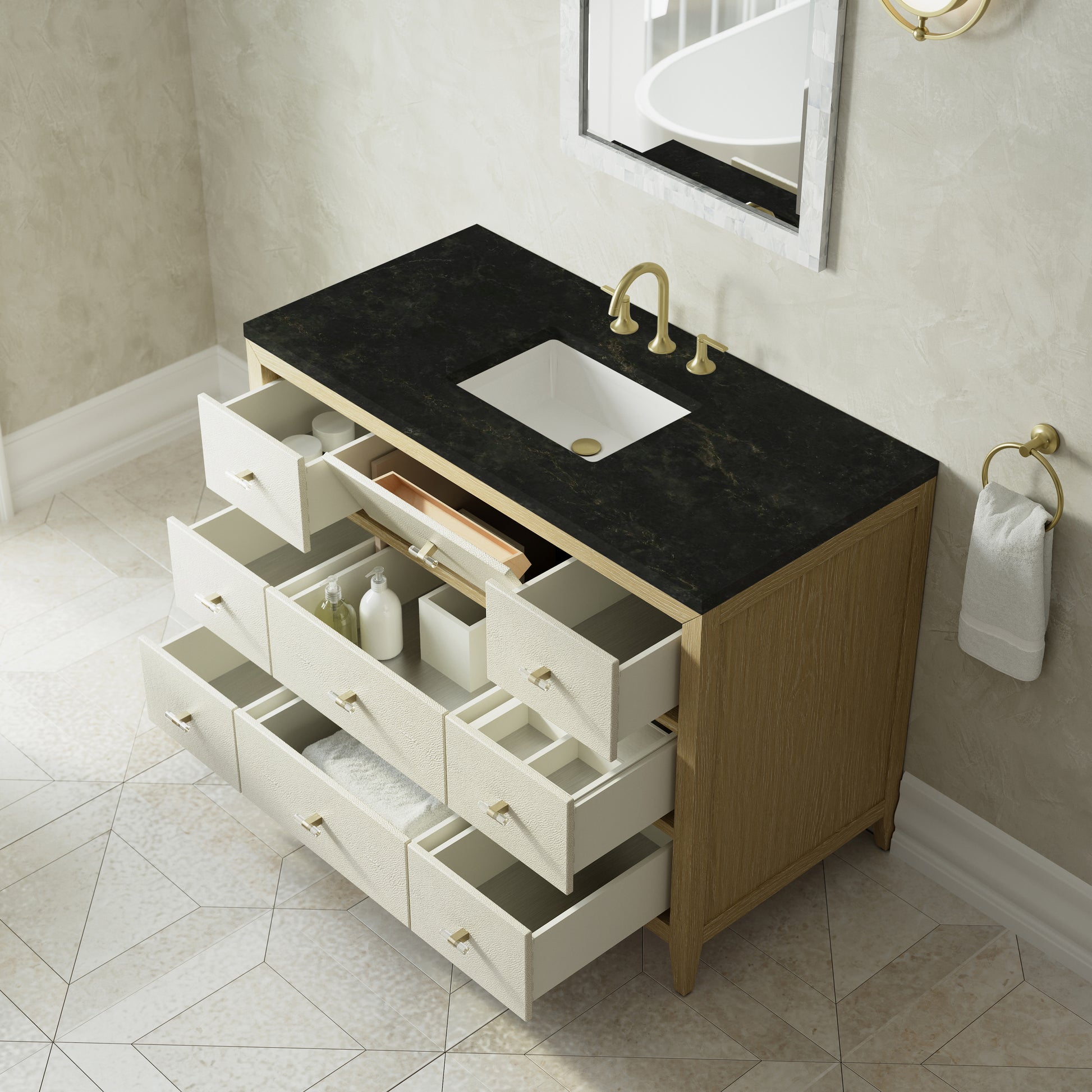 Renovate for Less Atlanta Celeste 48" Single Vanity, Sunwashed Oak with Embossed Shagreen, w/ 3 CM Phantome Eclos Top