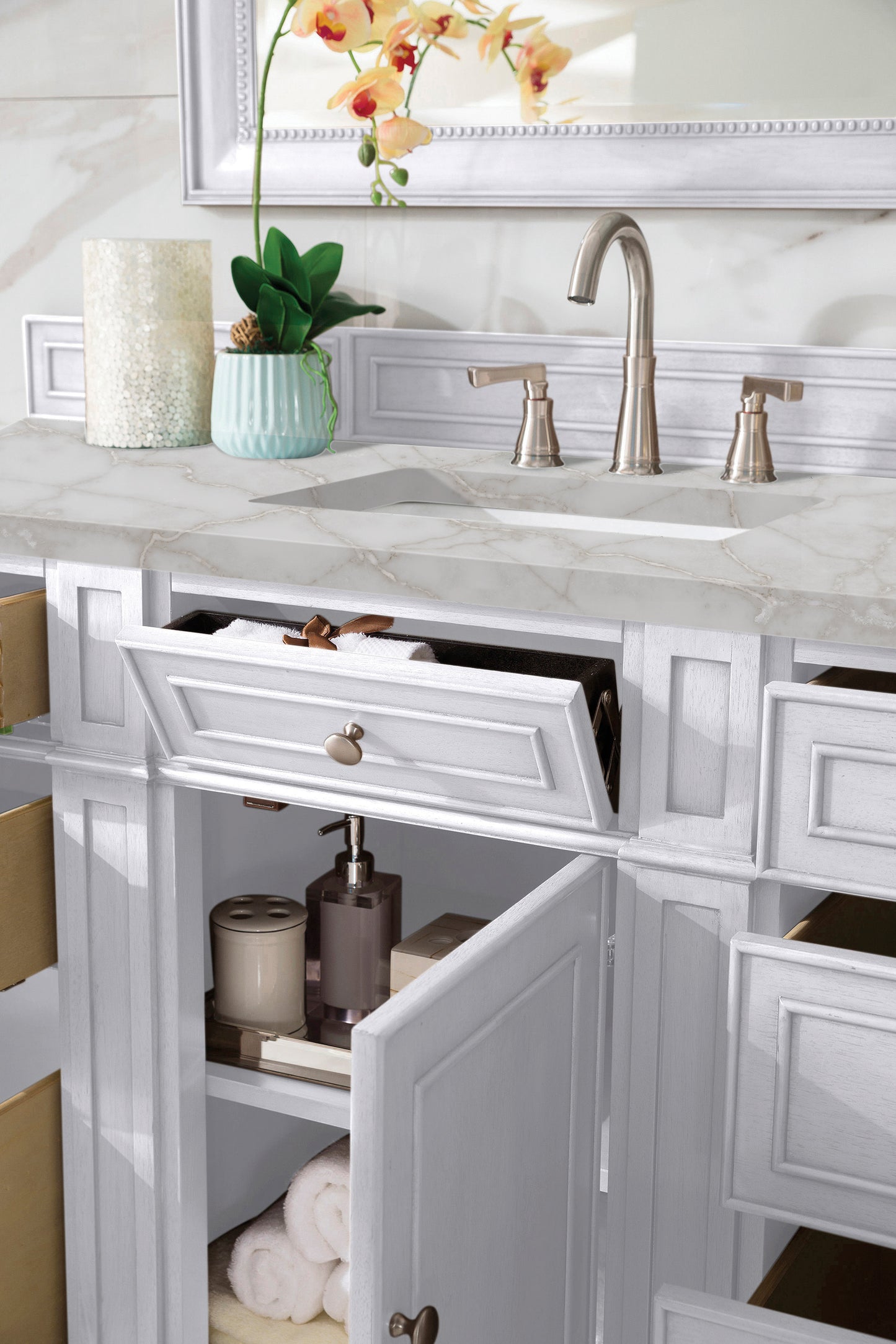 Renovate for Less Atlanta Bristol 60" Single Vanity, Bright White w/ 3 CM Victorian Silver Silestone Top w/FreePower Wireless Charger