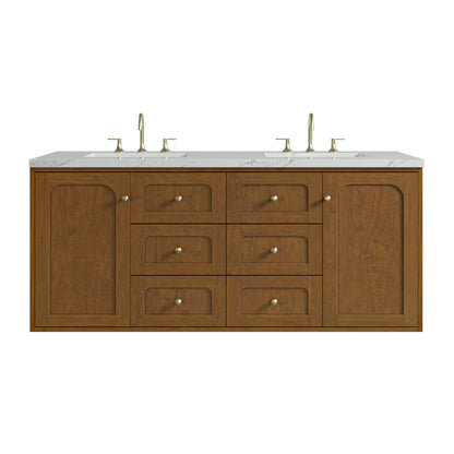 Renovate for Less Atlanta Laurent 60" Double Vanity, Honey Oak w/ 3 CM Ethereal Noctis Silestone Top w/FreePower Wireless Charger