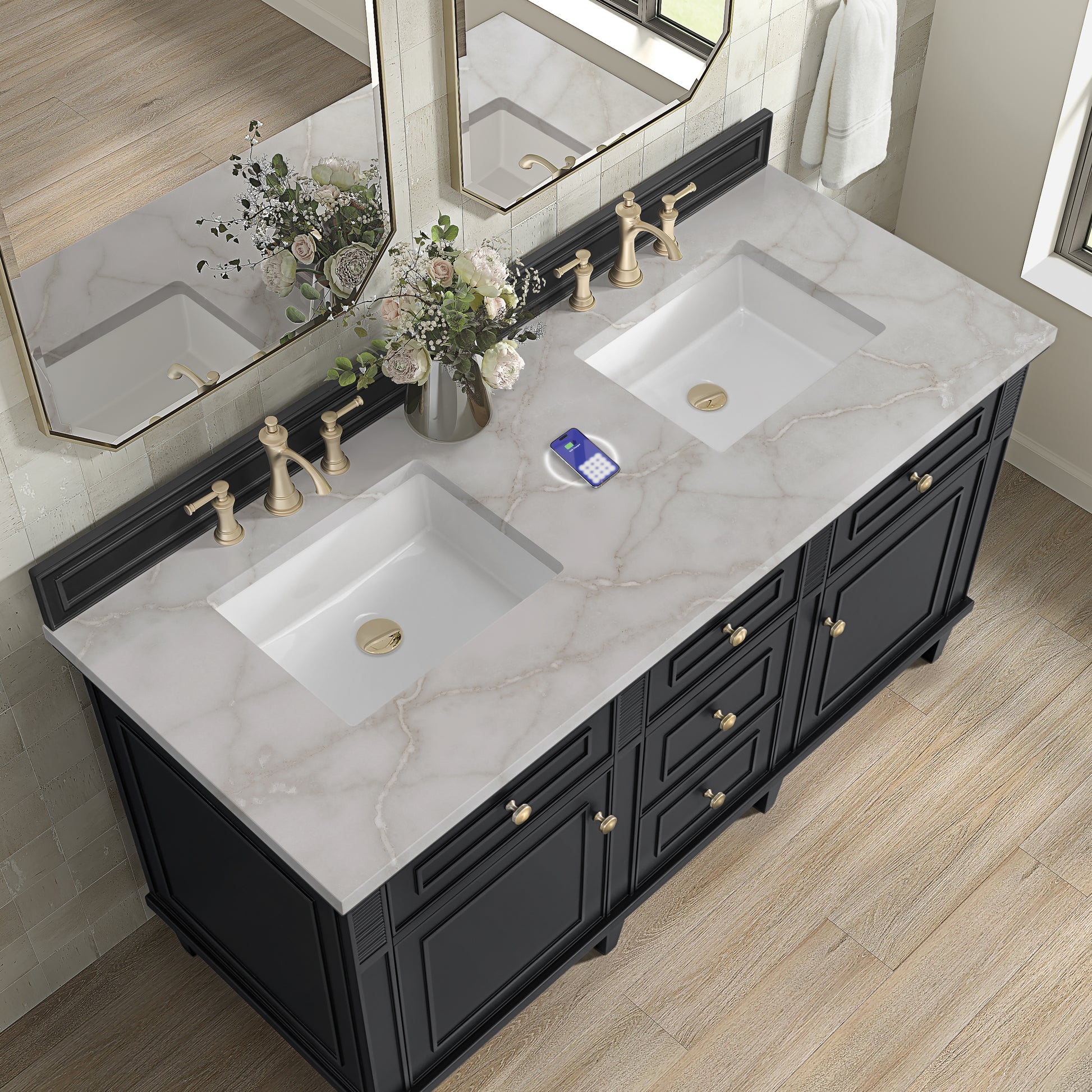 Renovate for Less Atlanta Lorelai 60" Double Vanity, Black Onyx w/ 3 CM Victorian Silver Silestone Top w/FreePower Wireless Charger