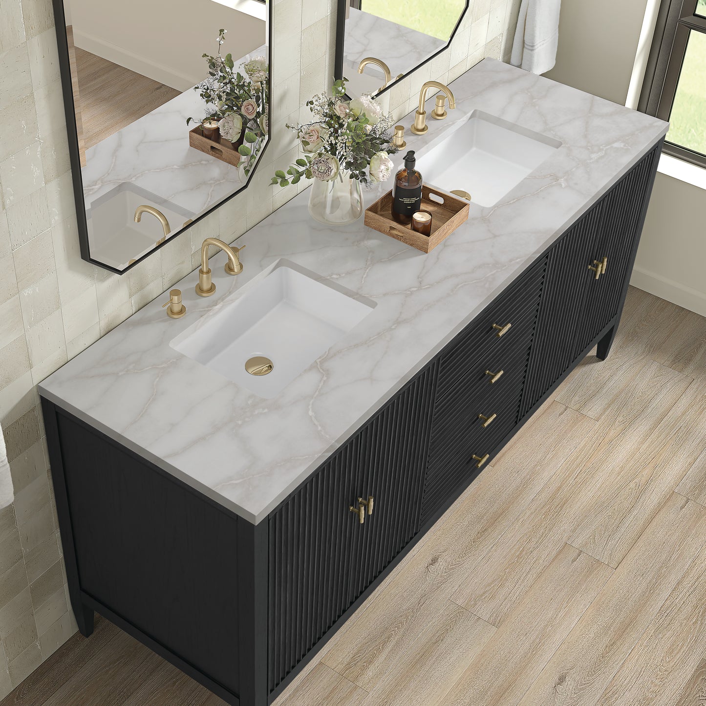 Renovate for Less Atlanta Myrrin 72" Double Vanity, Carbon Oak w/ 3 CM Victorian Silver Silestone Top