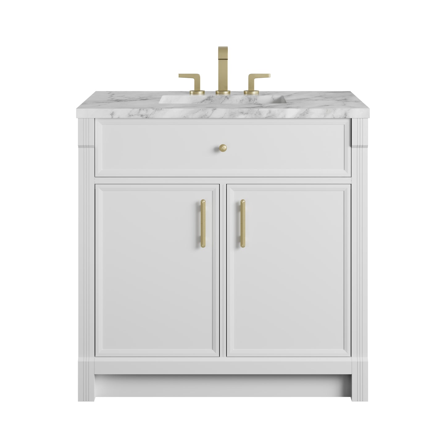 Renovate for Less Atlanta Bellshire 36" Single Vanity, Bright White w/ 3 CM Carrara Marble Top