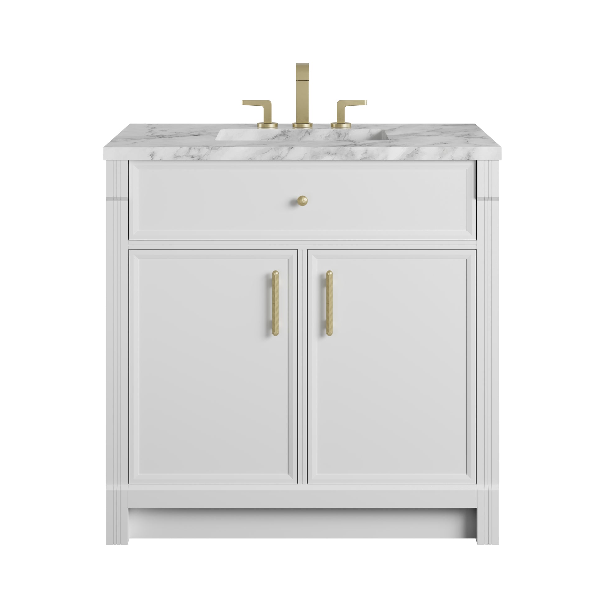 Renovate for Less Atlanta Bellshire 36" Single Vanity, Bright White w/ 3 CM Carrara Marble Top