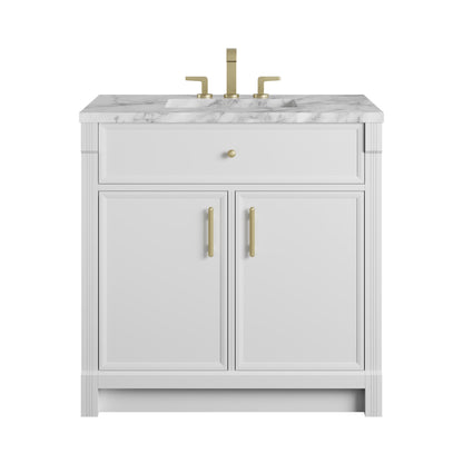Renovate for Less Atlanta Bellshire 36" Single Vanity, Bright White w/ 3 CM Carrara Marble Top