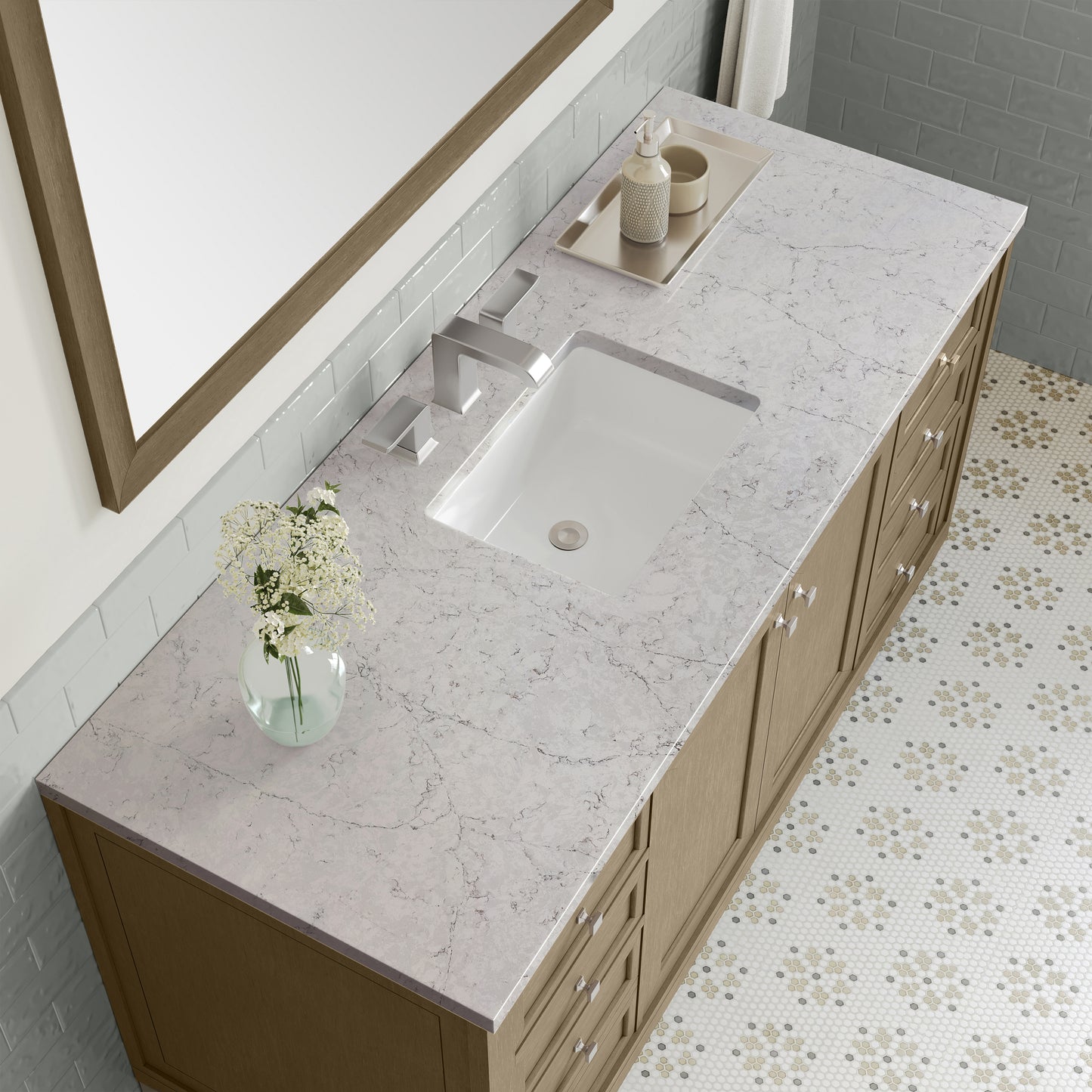 Renovate for Less Atlanta Chicago 60" Single Vanity, Walnut Whisper, w/ 3 CM Eternal Jasmine Pearl Silestone® Top