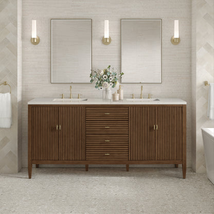 Renovate for Less Atlanta Myrrin 72" Vanity, Mid Century Walnut, w/ 3 CM Siberian Silestone Top w/FreePower Wireless Charger