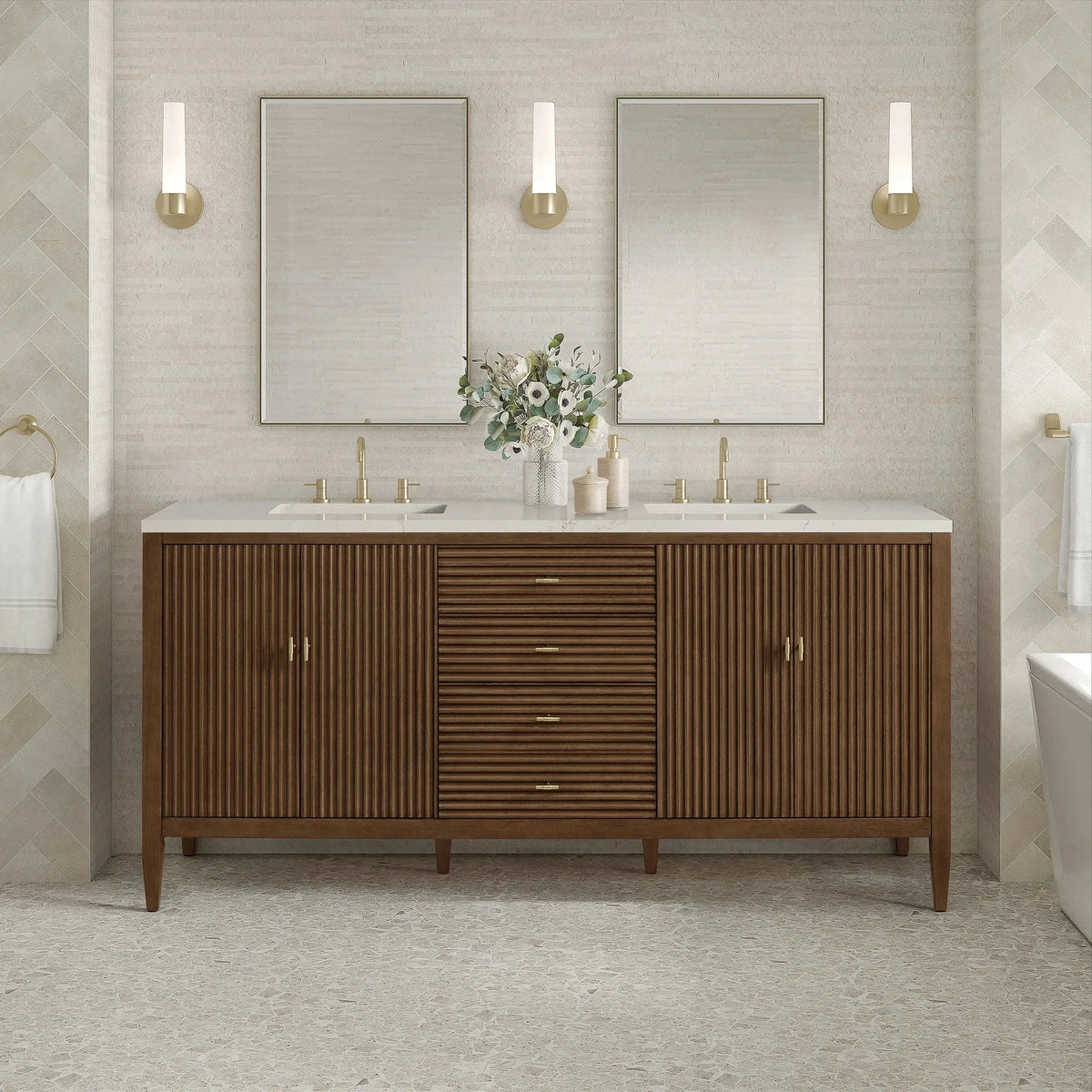 Myrrin 72" Vanity, Mid Century Walnut, w/ 3 CM Siberian Silestone Top w/FreePower Wireless Charger