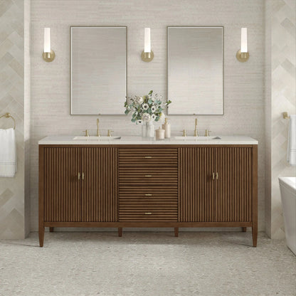Myrrin 72" Vanity, Mid Century Walnut, w/ 3 CM Siberian Silestone Top w/FreePower Wireless Charger