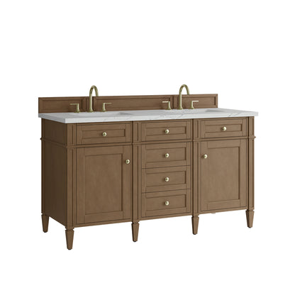 Renovate for Less Atlanta Brittany 60" Double Vanity, Pecan w/ 3 CM Ethereal Noctis Silestone Top