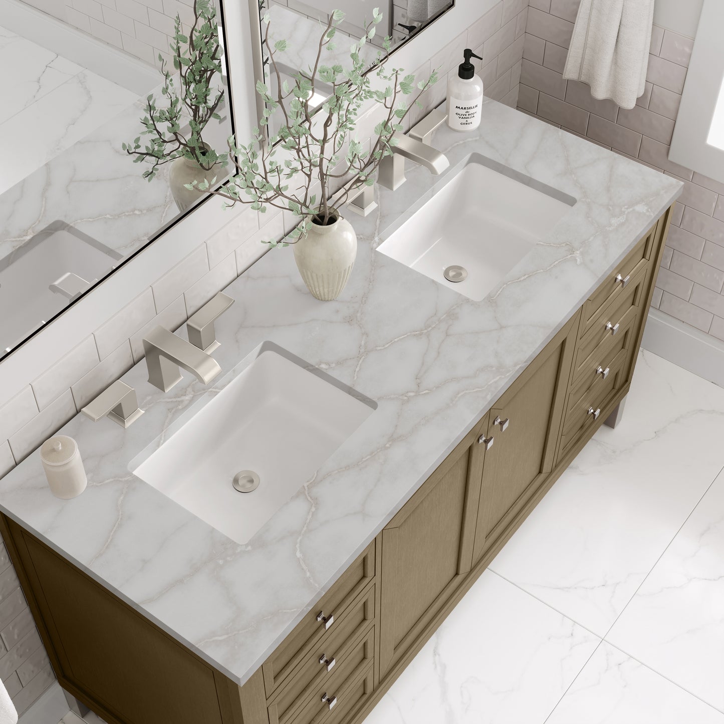 Renovate for Less Atlanta Chicago 60" Double Vanity, Walnut Whisper, w/ 3 CM Victorian Silver Silestone® Top