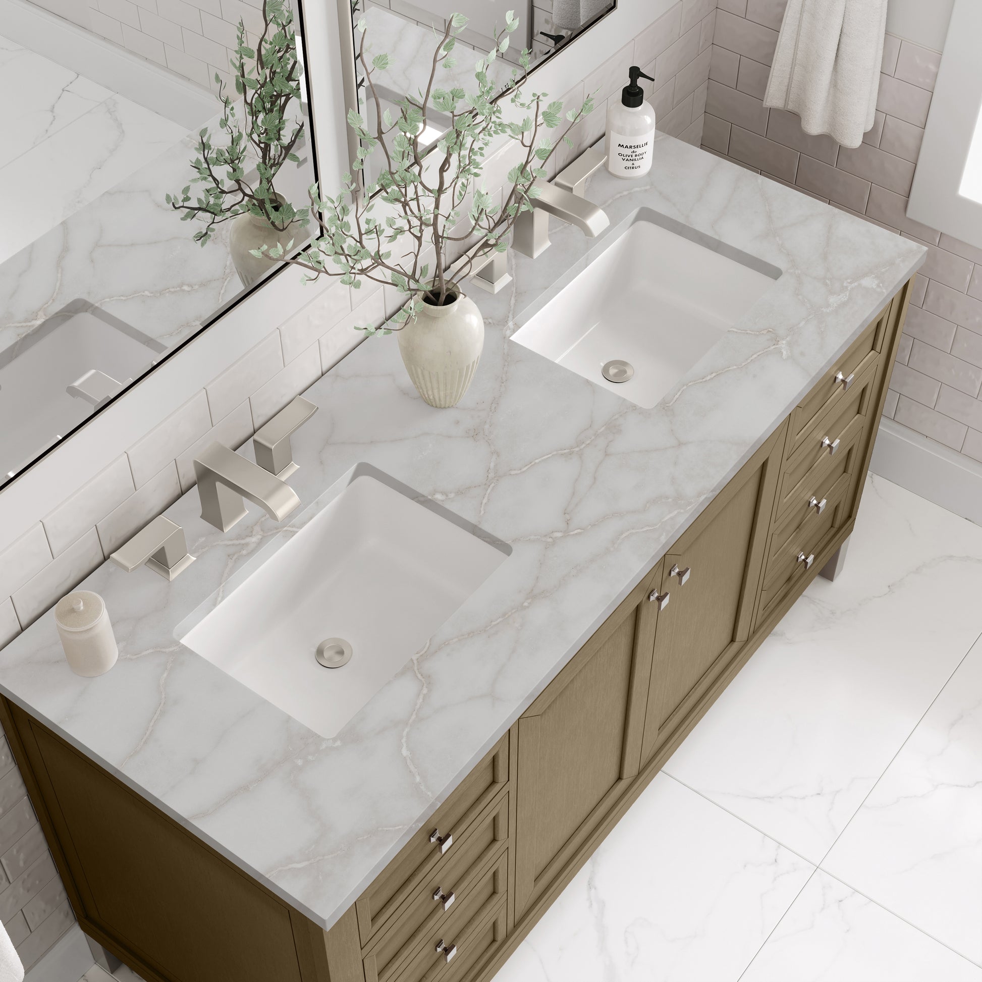 Renovate for Less Atlanta Chicago 60" Double Vanity, Walnut Whisper, w/ 3 CM Victorian Silver Silestone® Top