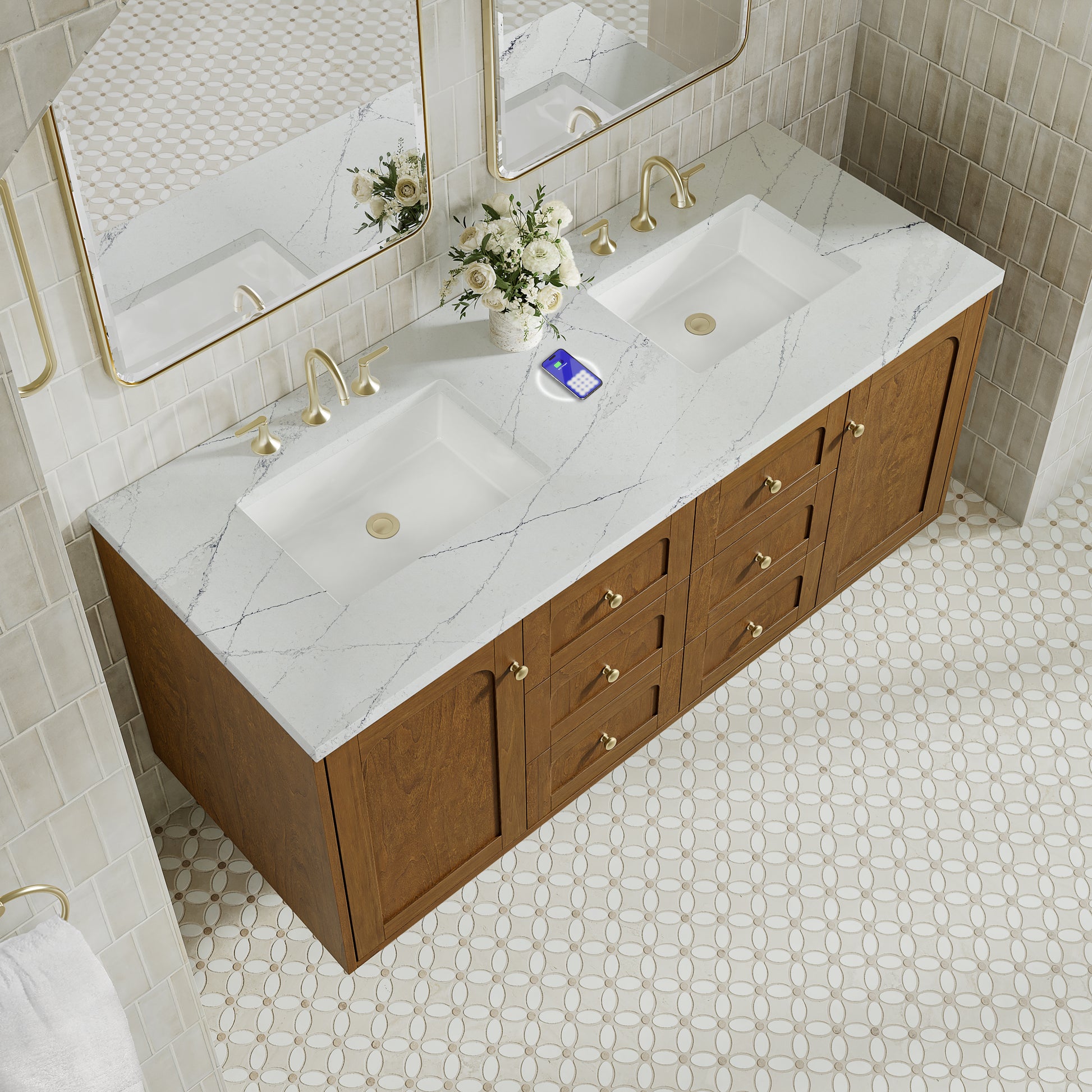 Renovate for Less Atlanta Laurent 60" Double Vanity, Honey Oak w/ 3 CM Ethereal Noctis Silestone Top w/FreePower Wireless Charger