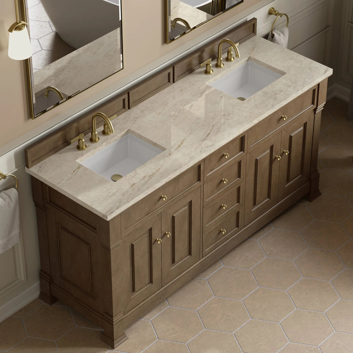 Brookfield 72" Double Vanity, Pecan, w/ 3 CM Tajnar Eclos Top