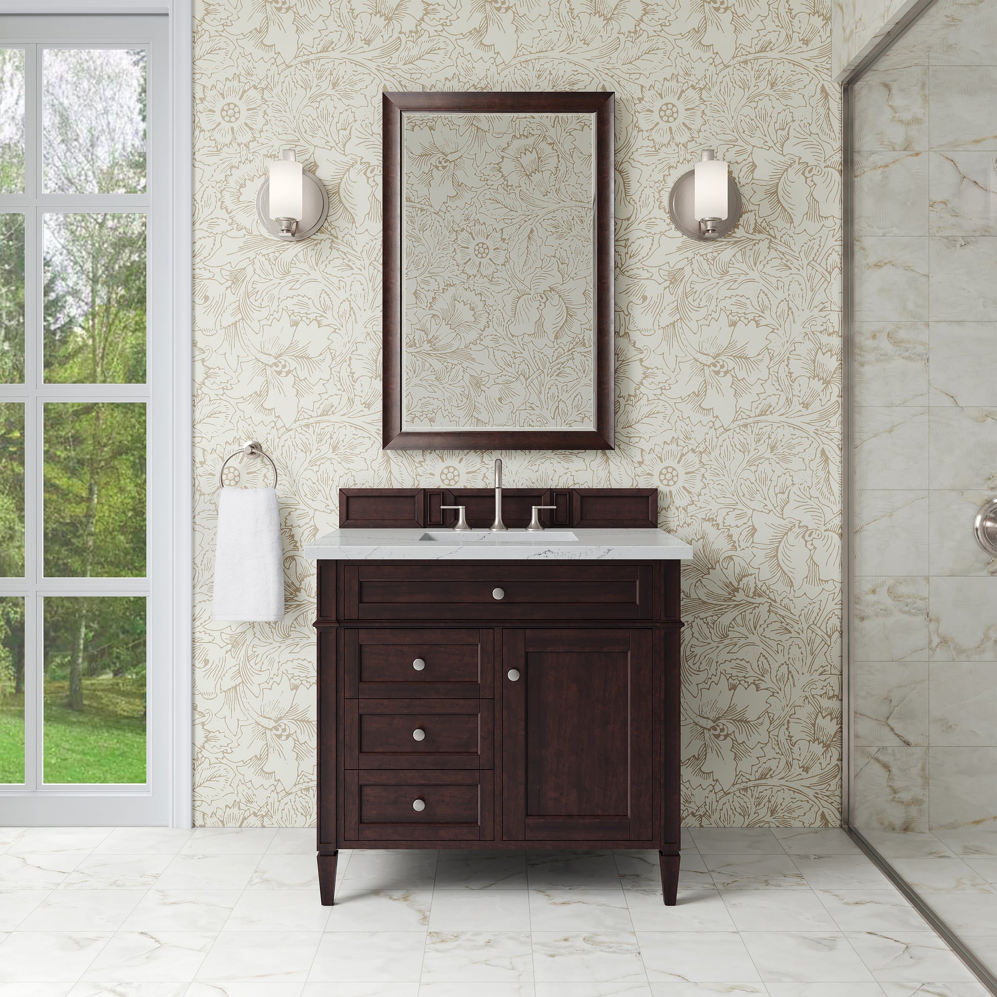 Renovate for Less Atlanta Brittany 36" Single Vanity, Burnished Mahogany w/ 3 CM Ethereal Noctis Silestone Top