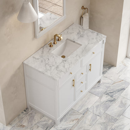 Renovate for Less Atlanta Bellshire 48" Single Vanity, Bright White w/ 3 CM Carrara Marble Top