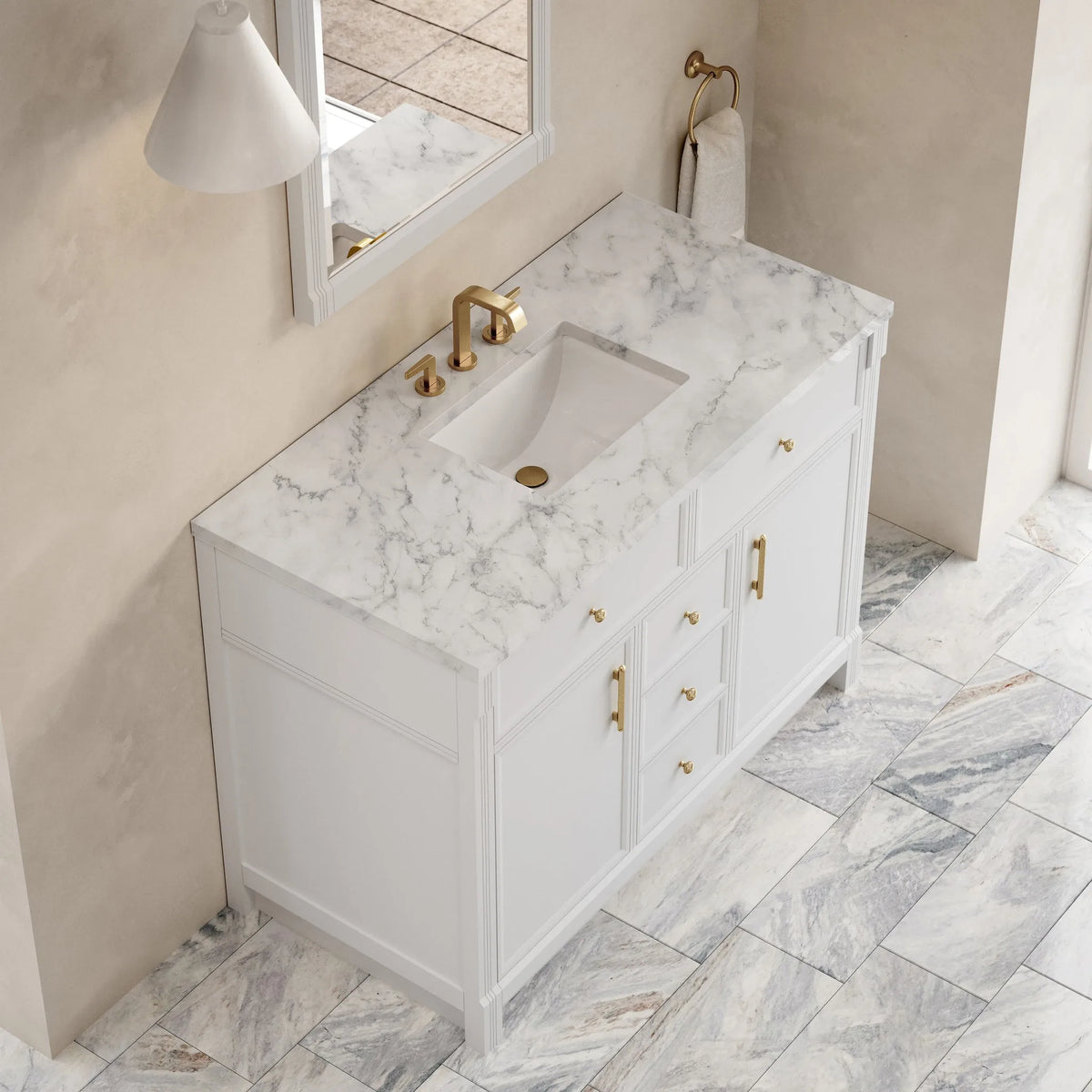Bellshire 48" Single Vanity, Bright White w/ 3 CM Carrara Marble Top