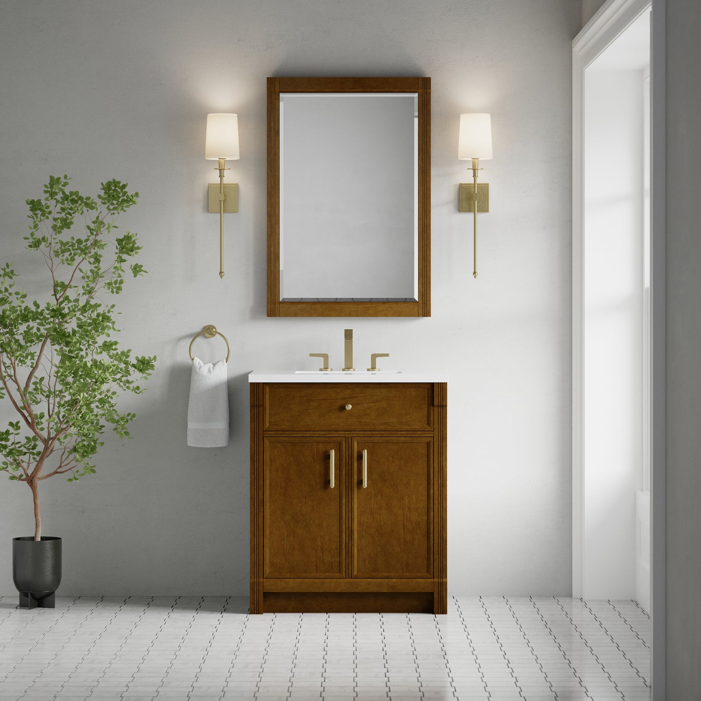 Renovate for Less Atlanta Bellshire 30" Single Vanity, Honey Oak w/ 3 CM White Zeus Silestone Top