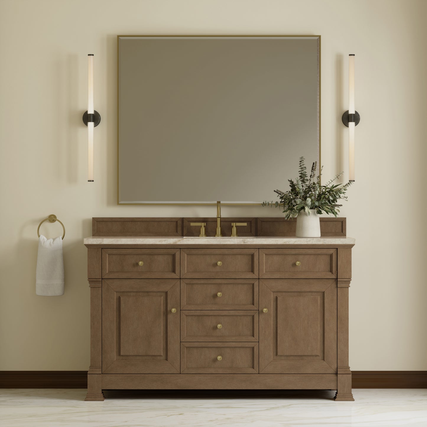 Renovate for Less Atlanta Brookfield 60" Single Vanity, Pecan, w/ 3 CM Tajnar Eclos Top w/FreePower Wireless Charger