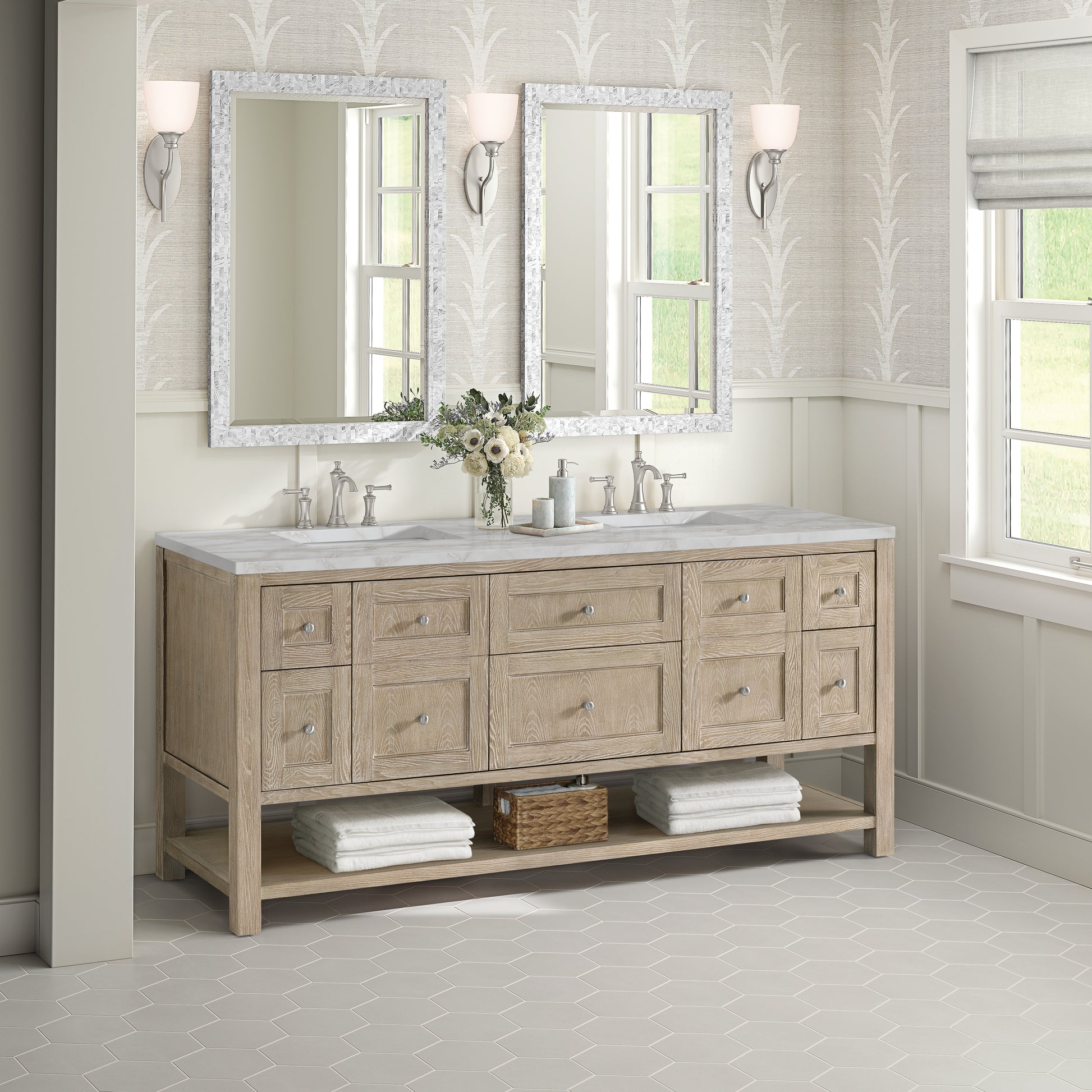 Renovate for Less Atlanta Breckenridge 72" Double Vanity, Whitewashed Oak w/ 3 CM Victorian Silver Silestone Top w/FreePower Wireless Charger