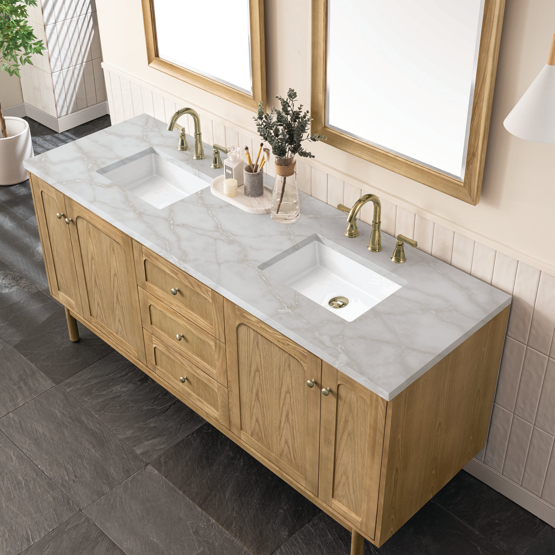 Renovate for Less Atlanta Laurent 72" Double Vanity, Light Natural Oak w/ 3 CM Victorian Silver Top