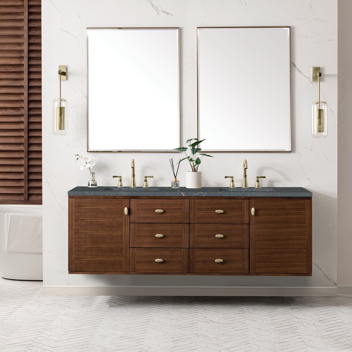 Renovate for Less Atlanta Amberly 72" Double Vanity, Mid-Century Walnut w/ 3 CM Parisien Bleu Top w/FreePower Wireless Charger