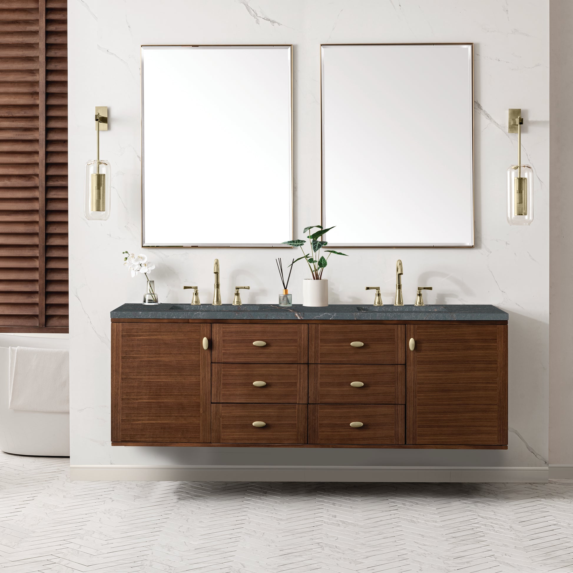 Renovate for Less Atlanta Amberly 72" Double Vanity, Mid-Century Walnut w/ 3 CM Parisien Bleu Top w/FreePower Wireless Charger
