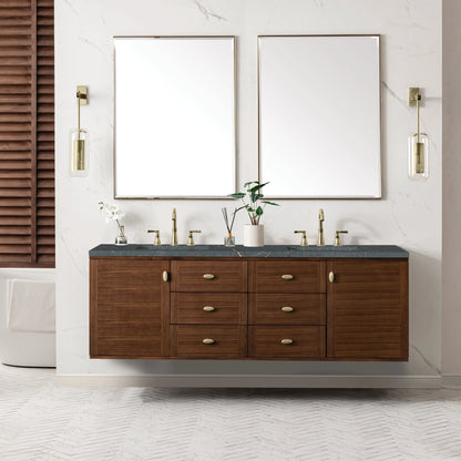 Amberly 72" Double Vanity, Mid-Century Walnut w/ 3 CM Parisien Bleu Top w/FreePower Wireless Charger