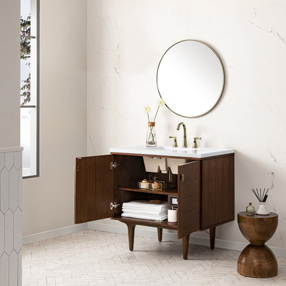 Renovate for Less Atlanta Amberly 36" Single Vanity, Mid-Century Walnut w/ 3 CM White Zeus Top