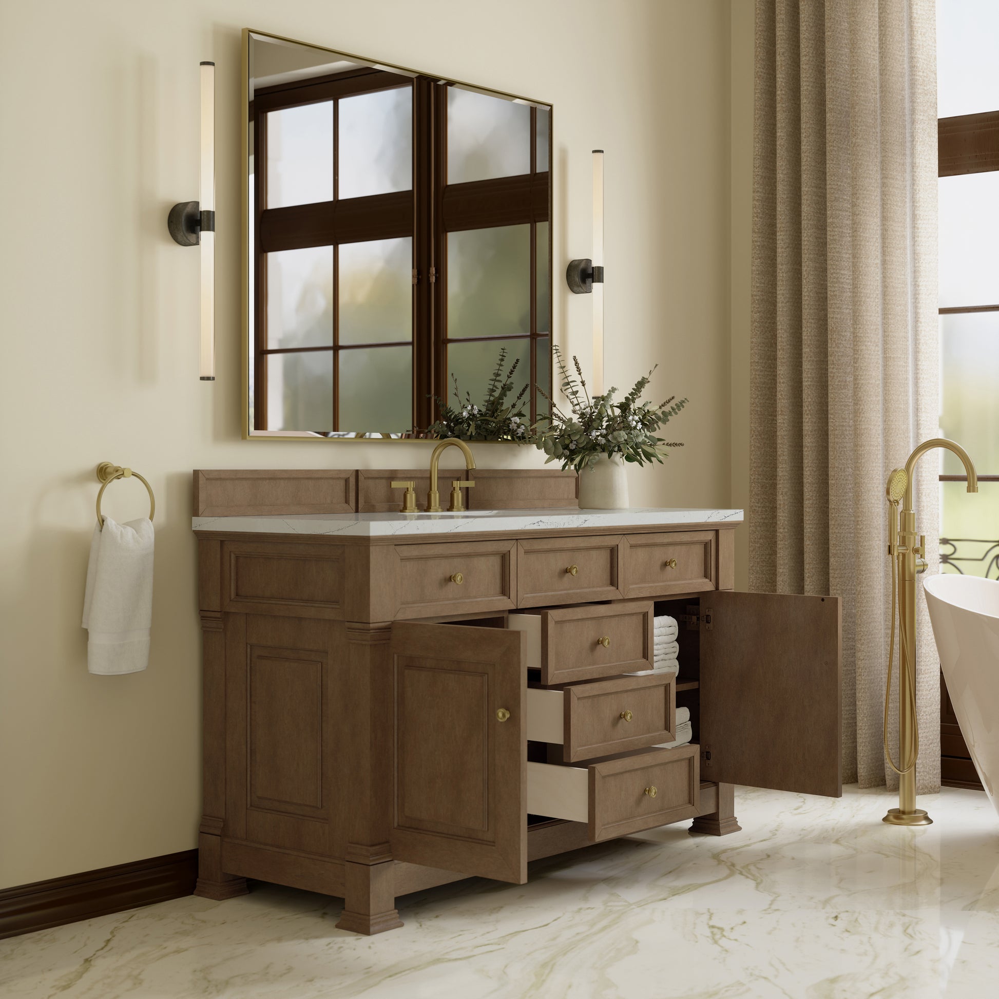 Renovate for Less Atlanta Brookfield 60" Single Vanity, Pecan w/ 3 CM Ethereal Noctis Silestone Top w/ FreePower Wireless Charger