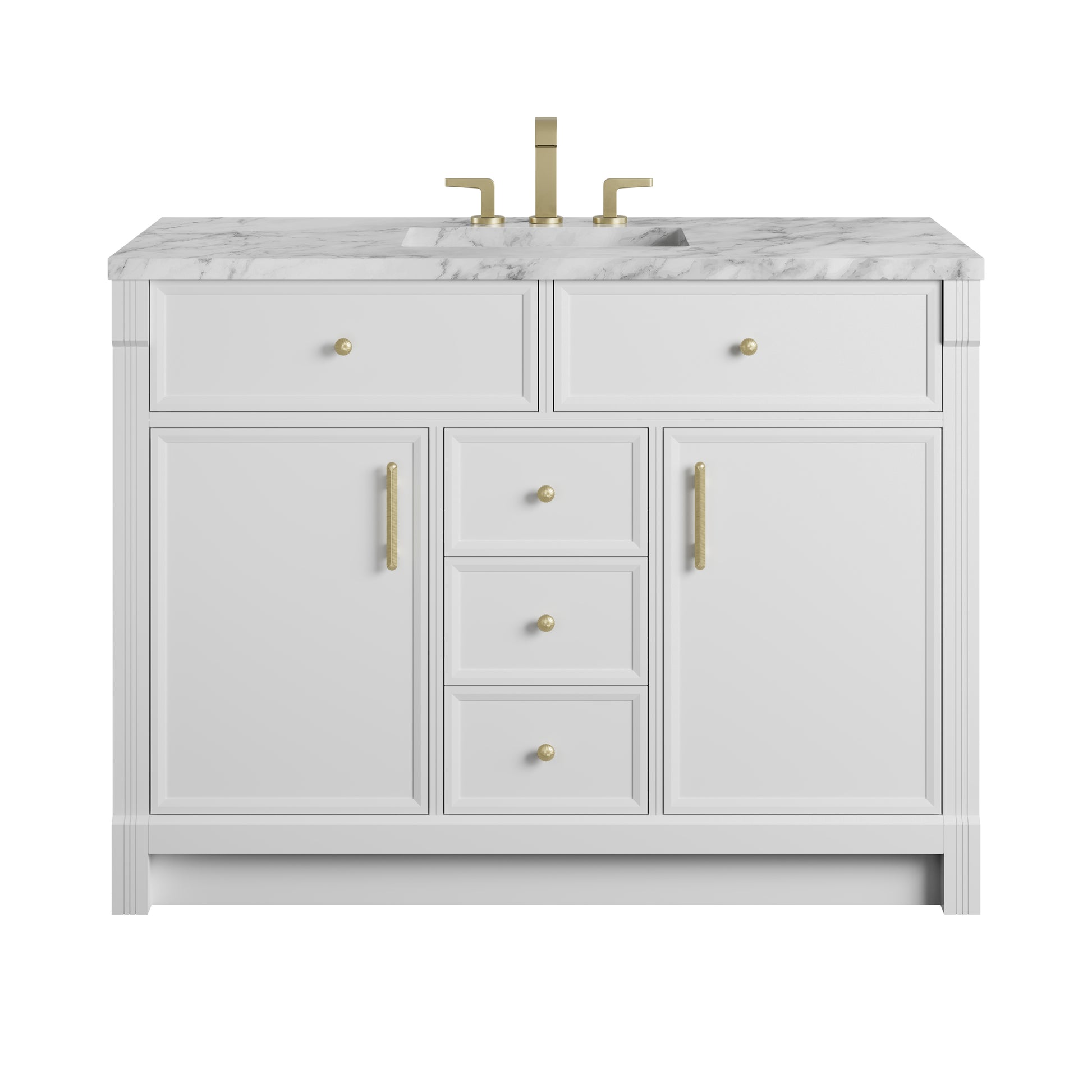 Renovate for Less Atlanta Bellshire 48" Single Vanity, Bright White w/ 3 CM Carrara Marble Top
