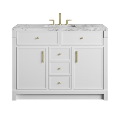 Renovate for Less Atlanta Bellshire 48" Single Vanity, Bright White w/ 3 CM Carrara Marble Top