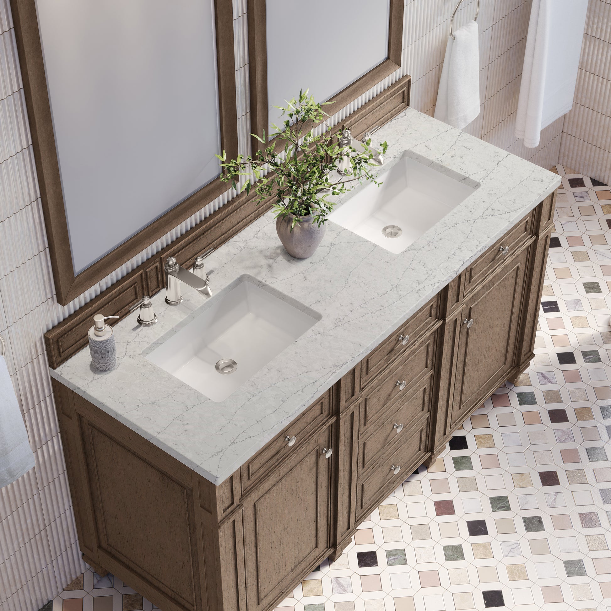 Renovate for Less Atlanta Bristol 60" Double Vanity, Whitewashed Walnut w/ 3 CM Eternal Jasmine Pearl Silestone Top
