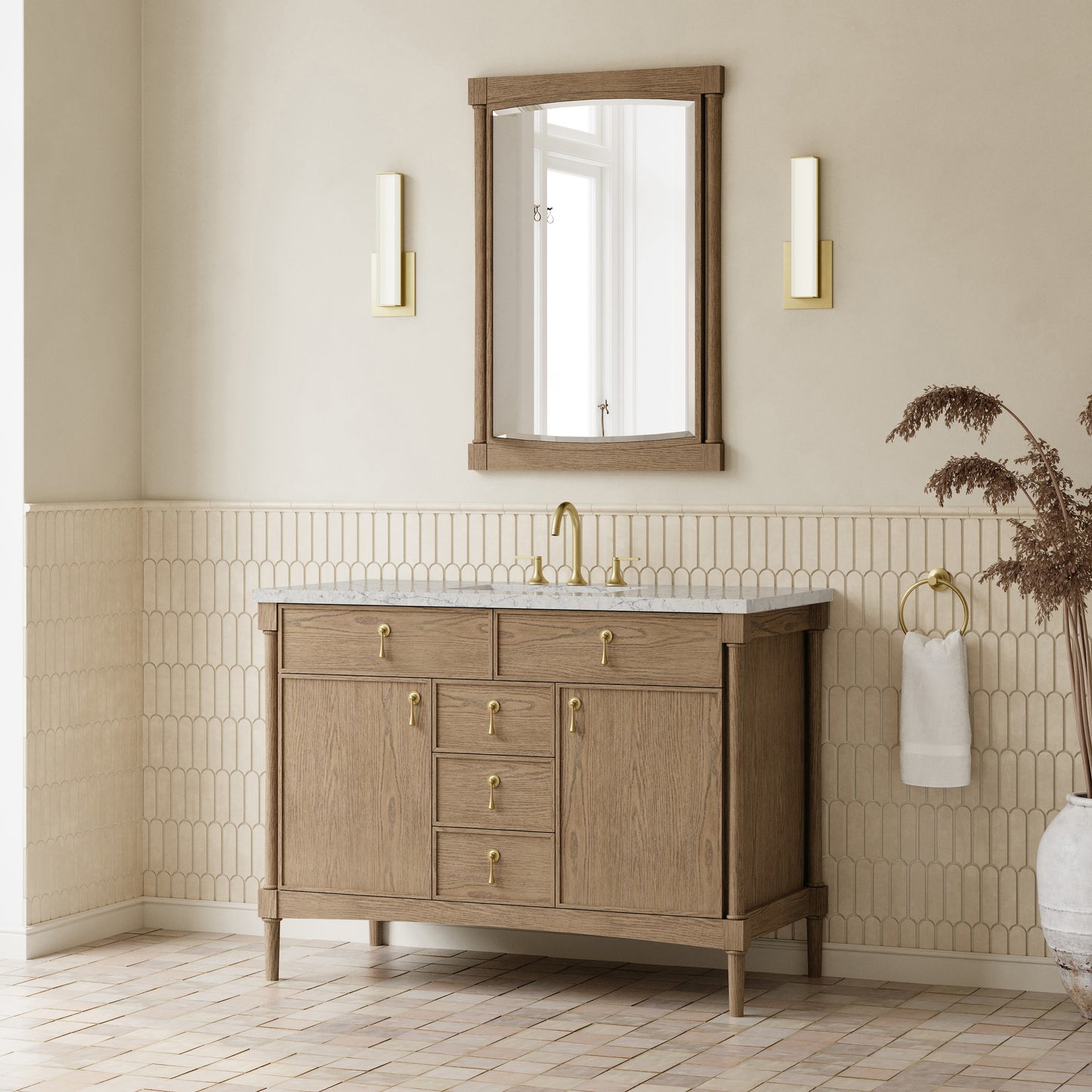 Renovate for Less Atlanta Kinnsden 48" Single Vanity, Weathered Oak w/ 3 CM Eternal Jasmine Pearl Silestone Top w/FreePower Wireless Charger