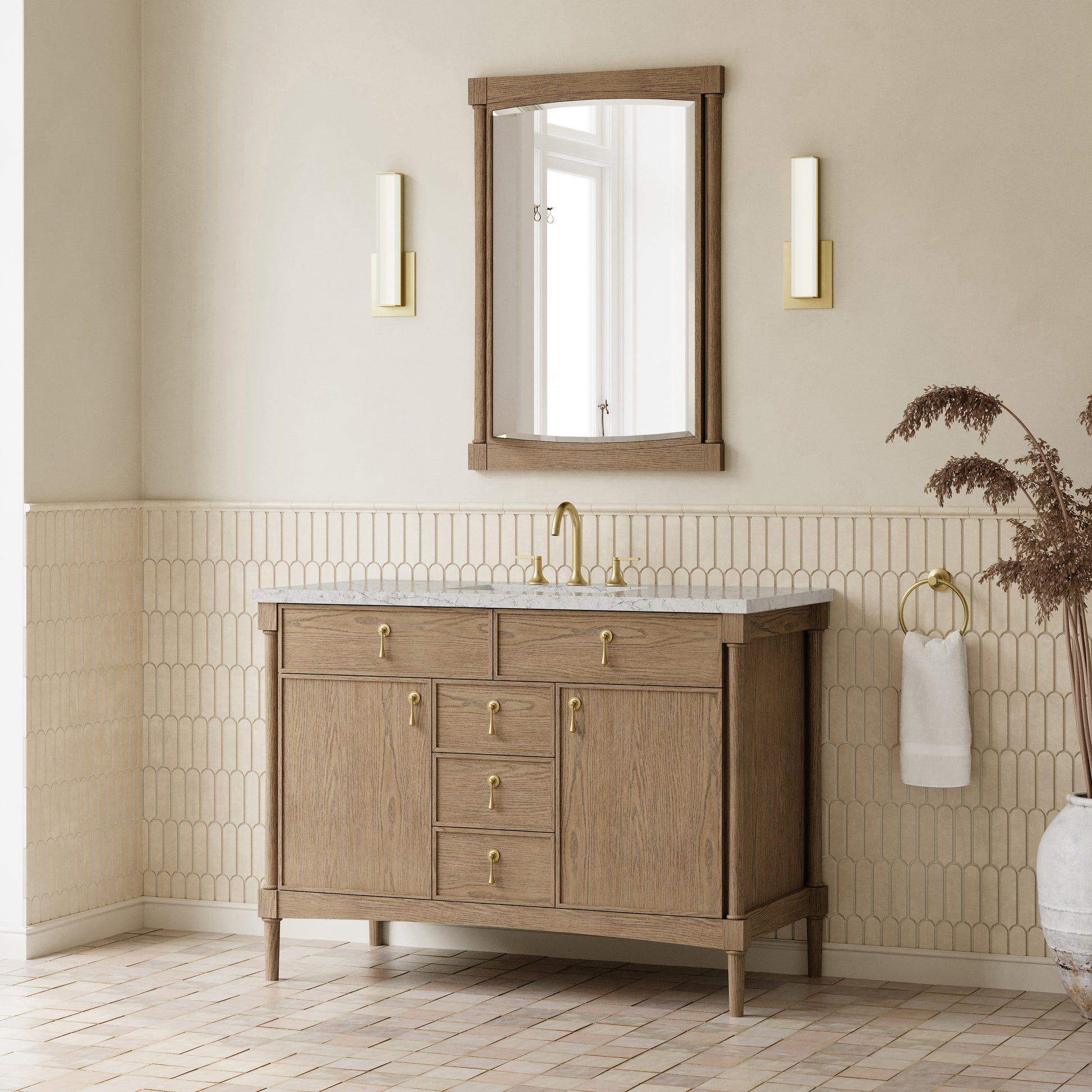 Renovate for Less Atlanta Kinnsden 48" Single Vanity, Weathered Oak w/ 3 CM Eternal Jasmine Pearl Silestone Top w/FreePower Wireless Charger