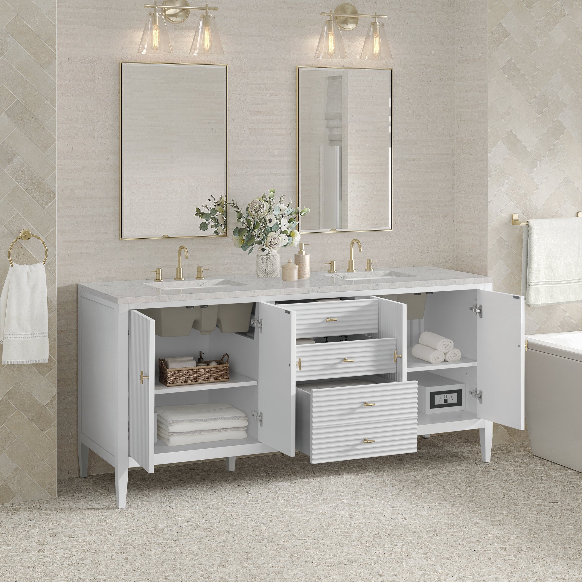 Renovate for Less Atlanta Myrrin 72" Double Vanity, Bright White w/ 3 CM Eternal Jasmine Pearl Silestone Top w/FreePower Wireless Charger