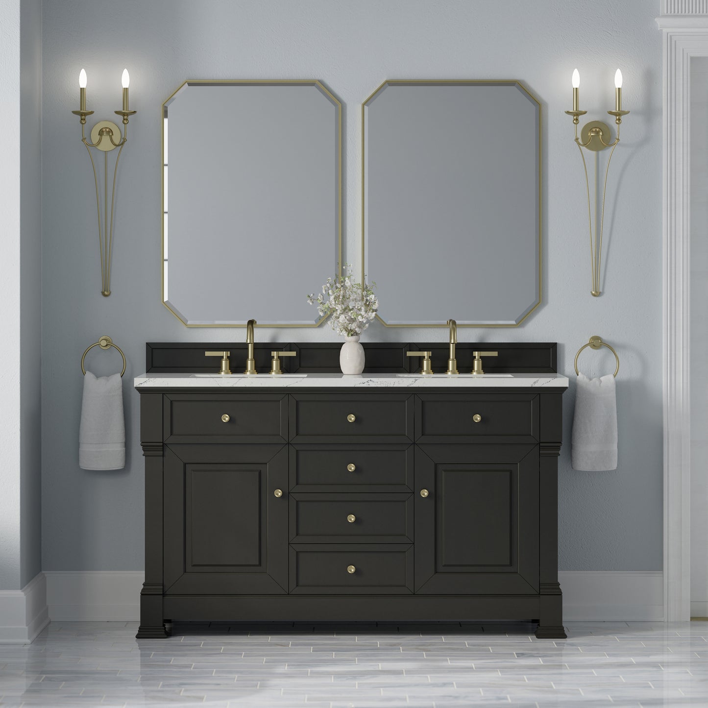 Renovate for Less Atlanta Brookfield 60" Double Vanity, Black Onyx w/ 3 CM Ethereal Noctis Silestone Top w/FreePower Wireless Charger