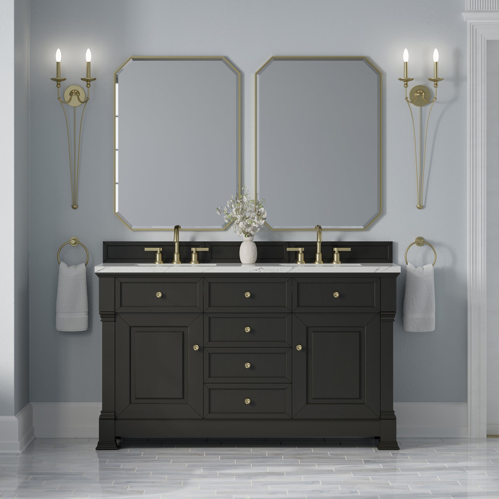 Renovate for Less Atlanta Brookfield 60" Double Vanity, Black Onyx w/ 3 CM Ethereal Noctis Silestone Top w/FreePower Wireless Charger