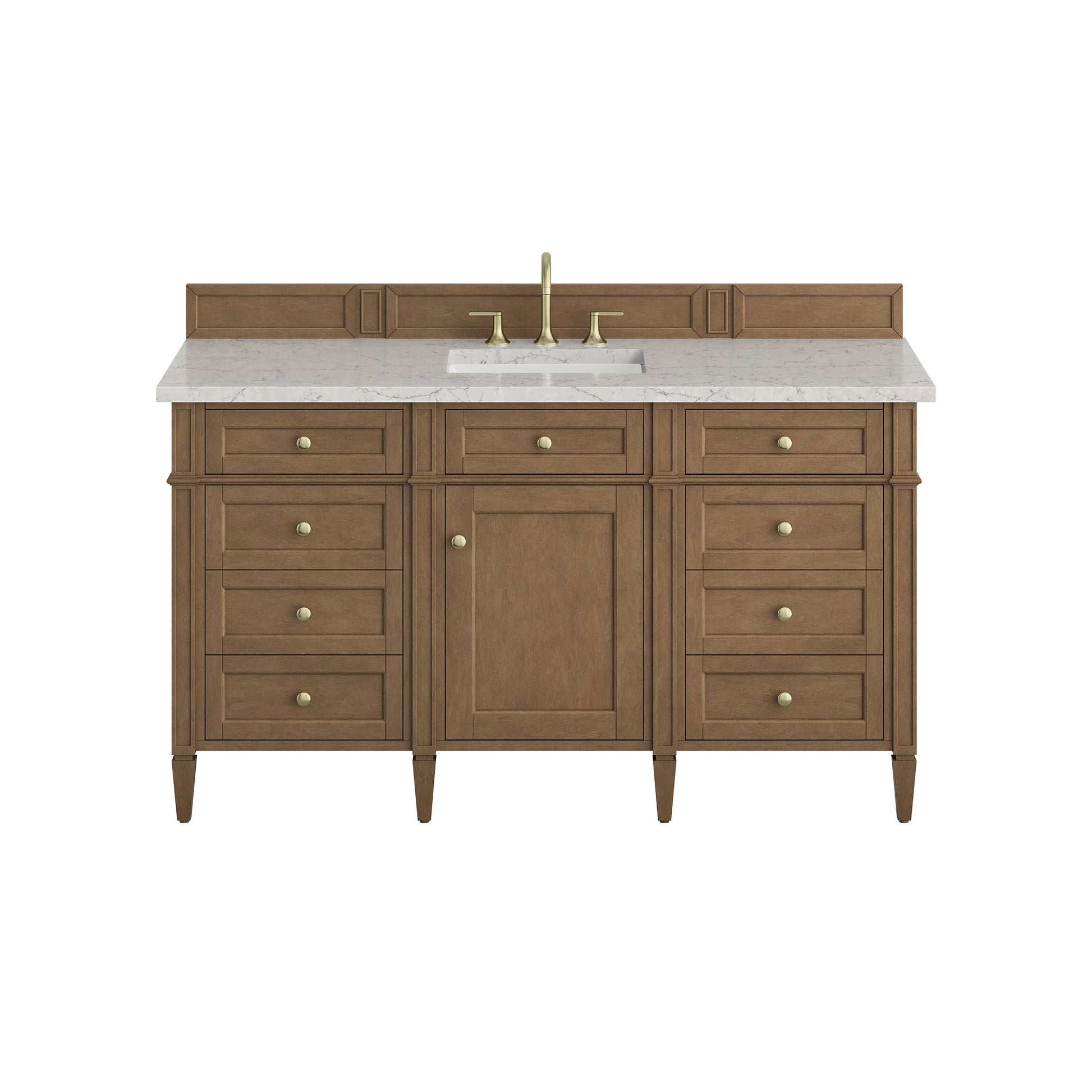 Renovate for Less Atlanta Brittany 60" Single Vanity, Pecan w/ 3 CM Eternal Jasmine Pearl Silestone Top w/FreePower Wireless Charger