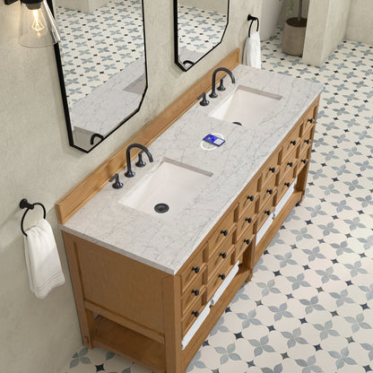 Renovate for Less Atlanta Malibu 72" Double Vanity, Amber Birch w/ 3 CM Eternal Jasmine Pearl Top w/ FreePower Wireless Charger