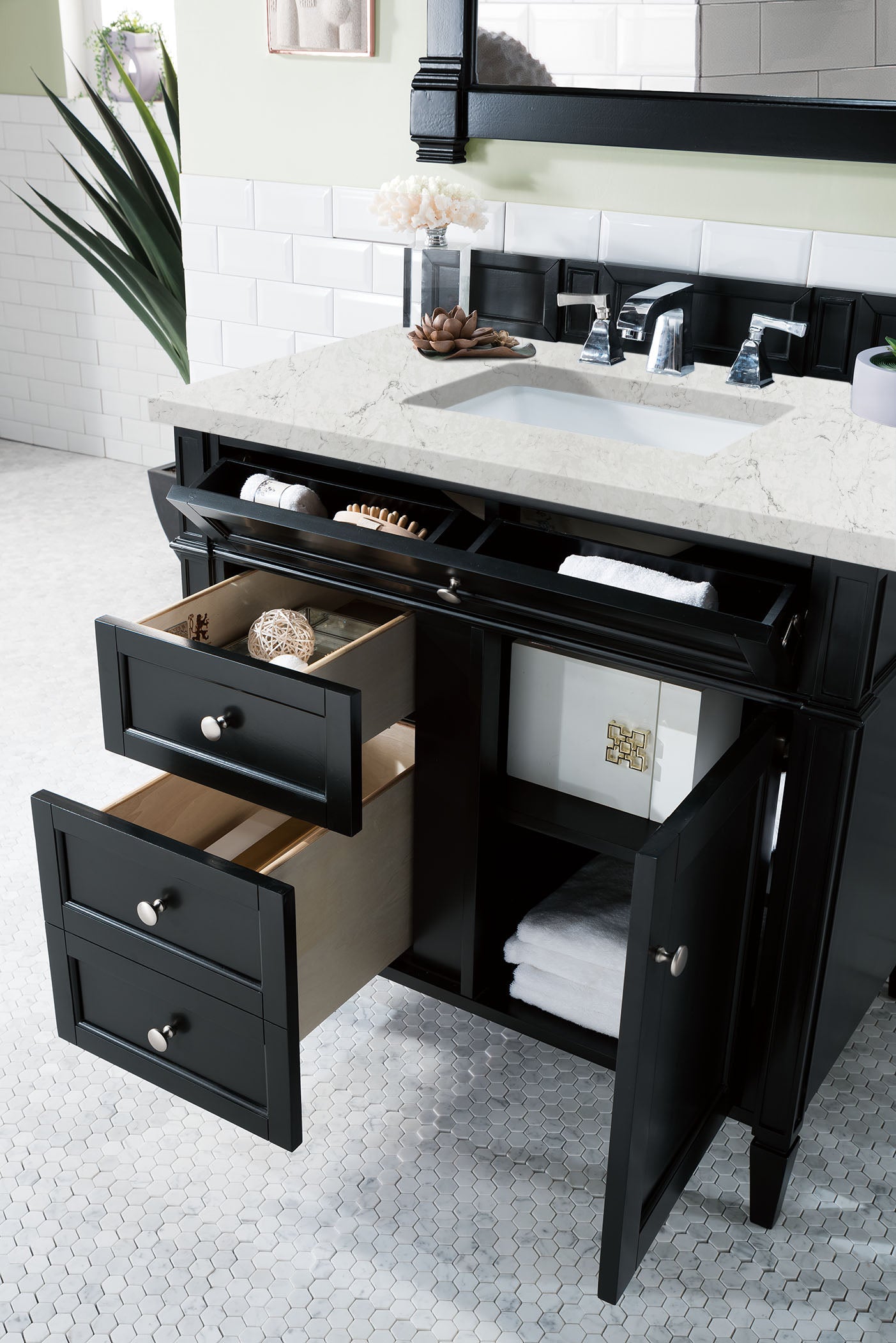Renovate for Less Atlanta Brittany 36" Single Vanity, Black Onyx w/ 3 CM Eternal Jasmine Pearl Silestone Top
