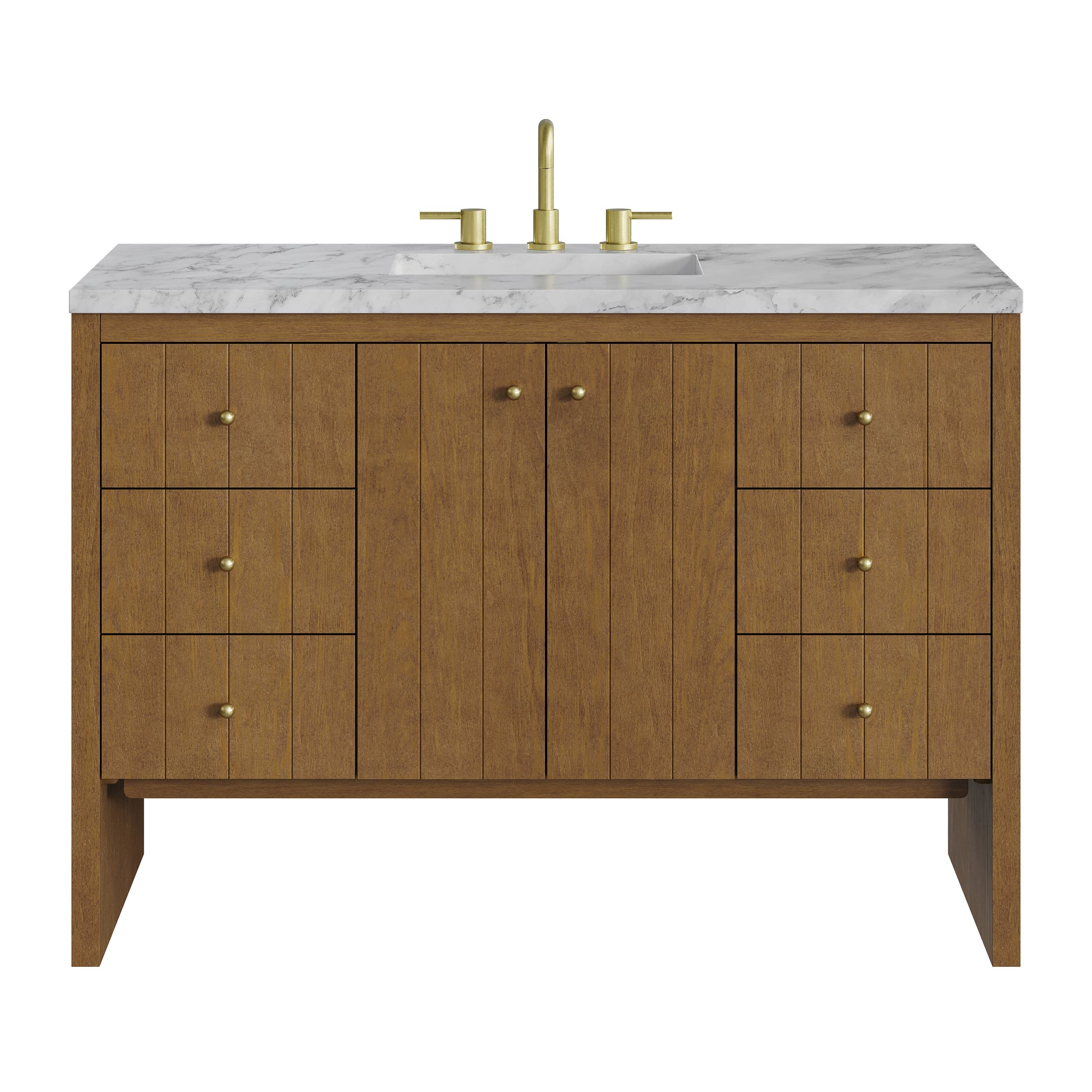 Renovate for Less Atlanta Hudson 48" Single Vanity, Honey Oak w/ 3 CM Carrara Marble Top